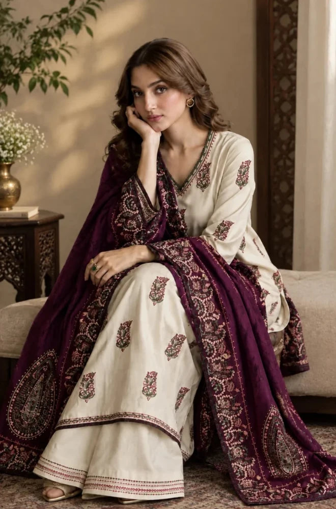 Zaib - 3PC Unstitched Dhanak Embroidered Shirt with Dhanak Embroidered Shawl and Embroidered Trouser - BFB01161