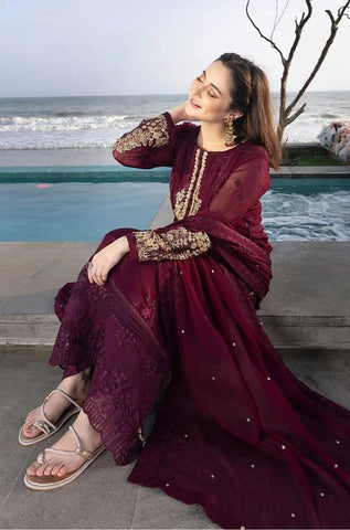 AZURE - 3PC Summer Lawn Embroidered Shirt with Chiffon Embroidered Dupatta and Trouser - BFB0795