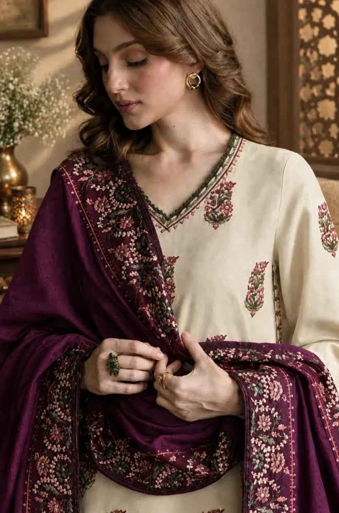Zaib - 3PC Unstitched Dhanak Embroidered Shirt with Dhanak Embroidered Shawl and Embroidered Trouser - BFB01161