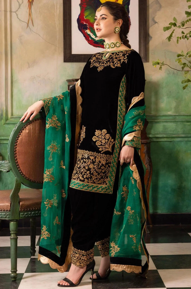 Baroque - 3PC Velvet Embroidered Shirt With Organza Embroidered Dupatta and Trouser - BFB0173