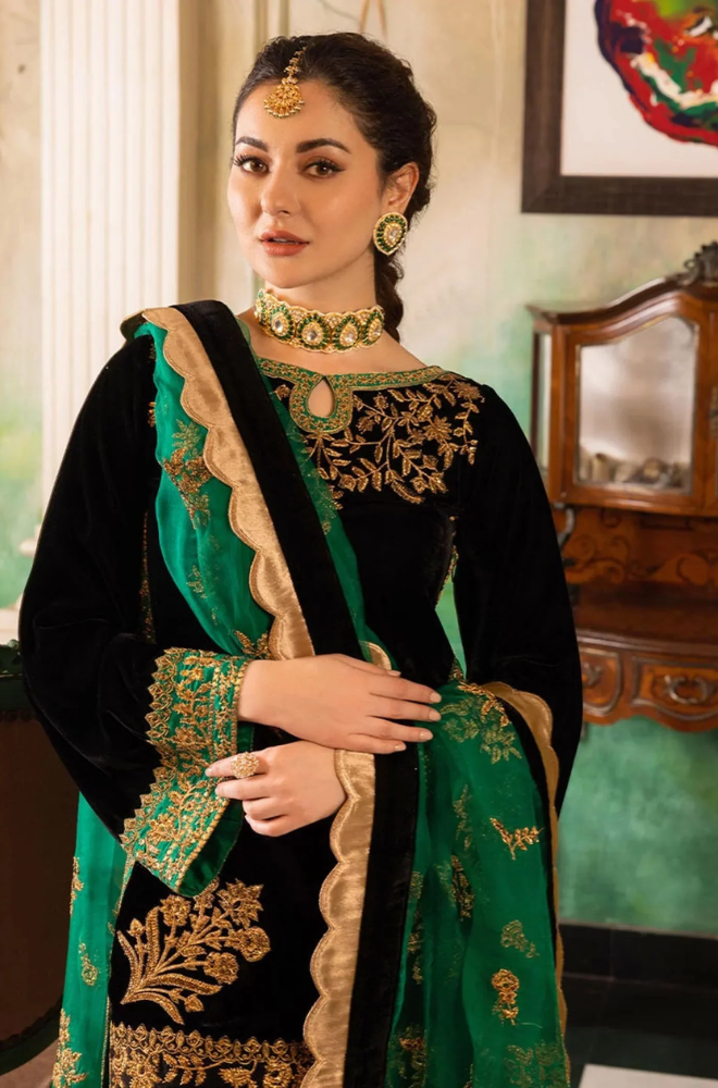 Baroque - 3PC Velvet Embroidered Shirt With Organza Embroidered Dupatta and Trouser - BFB0173