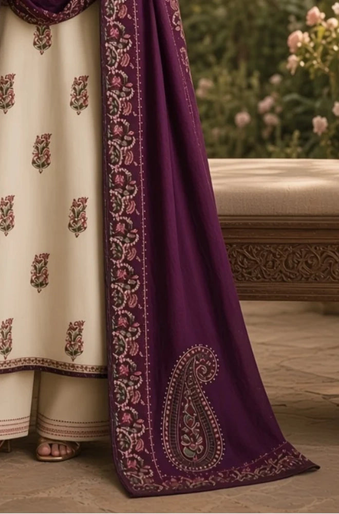 Zaib - 3PC Unstitched Dhanak Embroidered Shirt with Dhanak Embroidered Shawl and Embroidered Trouser - BFB01161