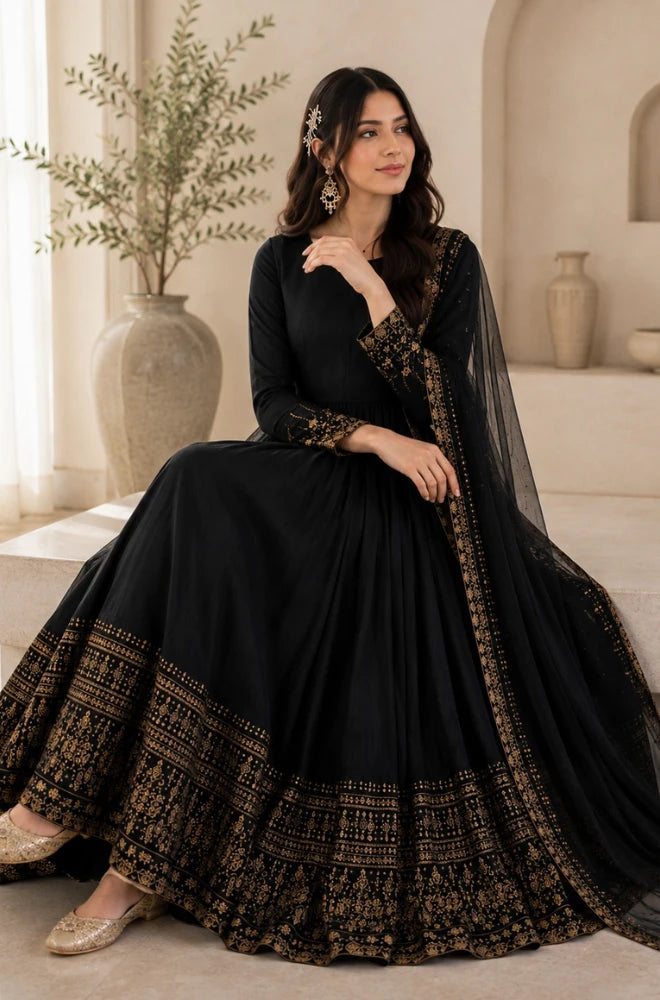 BlueFery - 3PC Embroidered Lawn Frock With Chiffon Dupatta and Trouser - BFB0978
