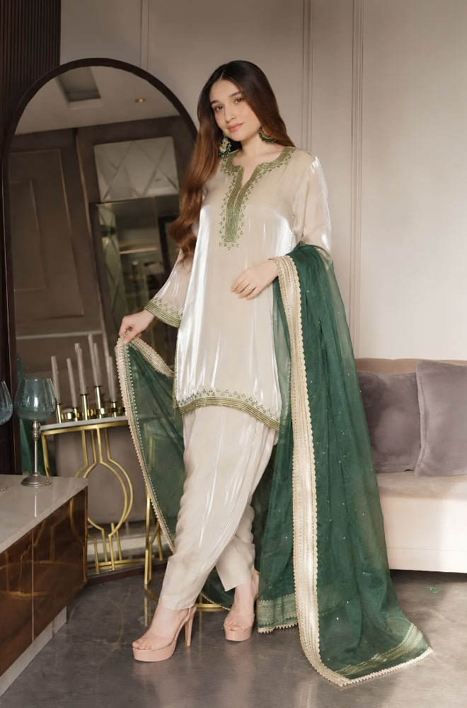 BlueFery - 3PC Silk Embroidered Shirt With Embroidered Dupatta and Trouser - BFB0009