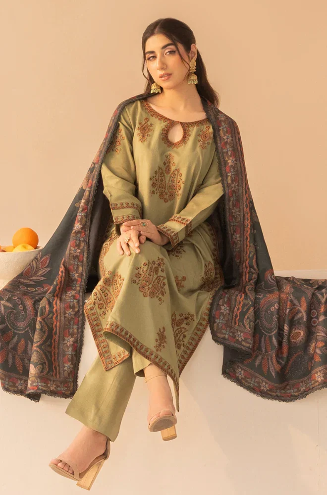 Mohagni - 3PC Dhanak Embroidered Shirt With Printed Dupatta and Trouser - BFB0983
