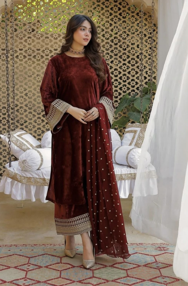 JAZMINE - 3PC Velvet Embroidered Shirt with Velvet Embroidered Dupatta and Trouser - BFB01166