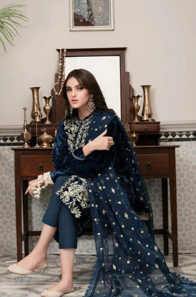 Azure - 3PC Velvet Embroidered Shirt With Organza Embroidered Dupatta - BFFC200