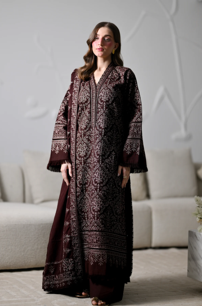 Zaib - 3PC Dhanak Embroidered Shirt With Dhanak Embroidered Dupatta and Trouser - BFB01122
