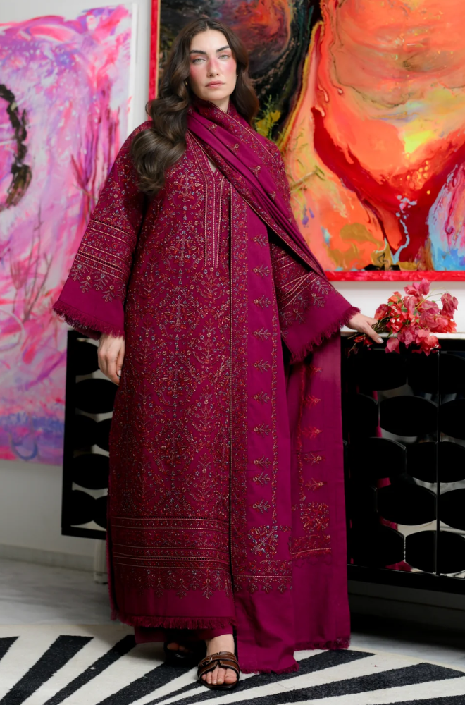 Zaib - 3PC Dhanak Embroidered Shirt With Dhanak Embroidered Dupatta and Trouser - BFB01123