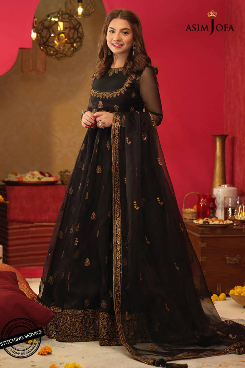 Asim Jofa - 3PC Organza Embroidered Frock with Organza Embroidered Dupatta and Trouser - BFS0015