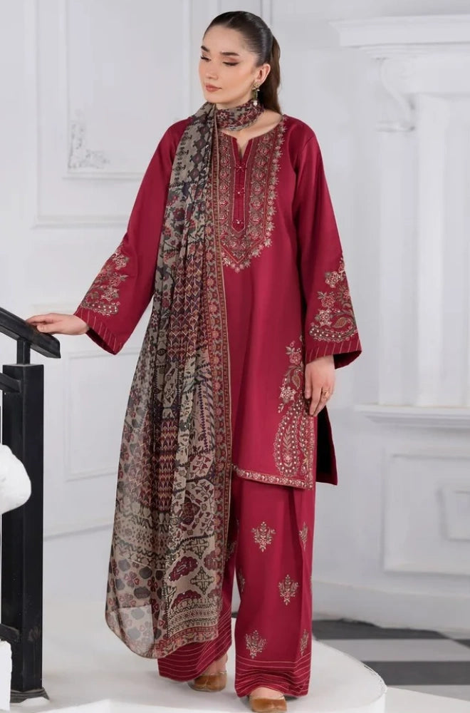 Sapphire - 3PC Dhanak Embroidered Shirt With Wool Printed Dupatta and Trouser - BFB01090