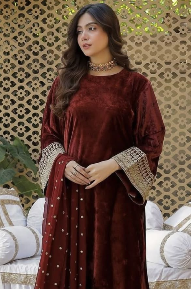 JAZMINE - 3PC Velvet Embroidered Shirt with Velvet Embroidered Dupatta and Trouser - BFB01166