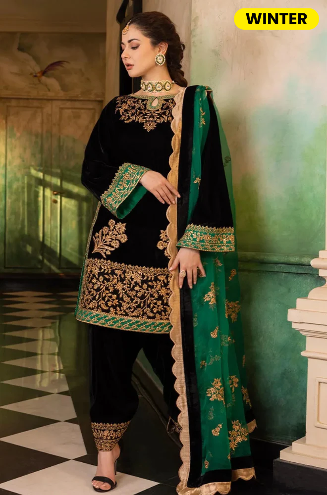 Boraque -Winter 3PC Velvet Embroidered Suit - BFB0173
