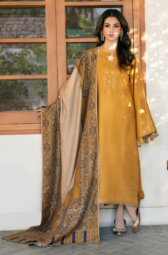 IZEL-3PC Dhanak Embroidered Shirt With Wool Printed Dupatta and Trouser - BFB0997