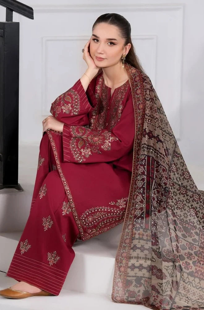 Sapphire - 3PC Dhanak Embroidered Shirt With Wool Printed Dupatta and Trouser - BFB01090