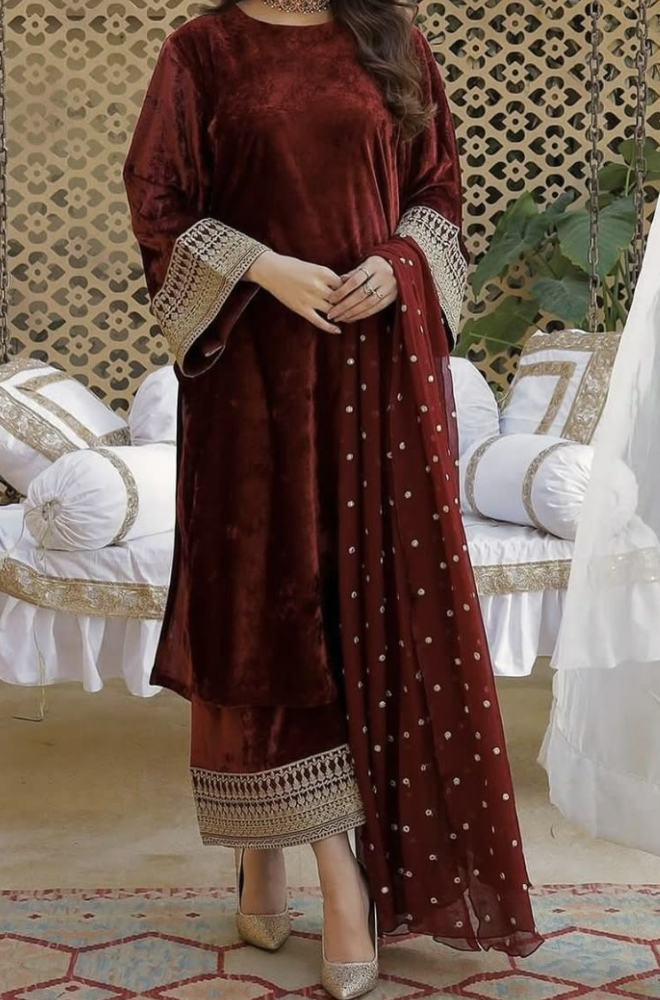 JAZMINE - 3PC Velvet Embroidered Shirt with Velvet Embroidered Dupatta and Trouser - BFB01166
