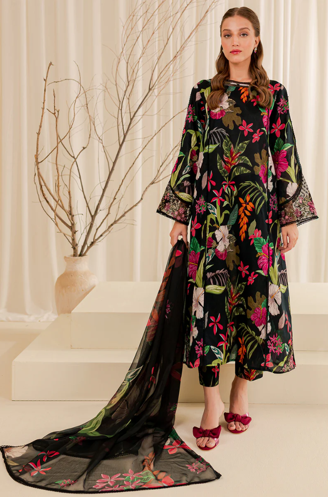 Baroque - Winter 3PC Black Khaddar Digital Printed Dress - BFU0457
