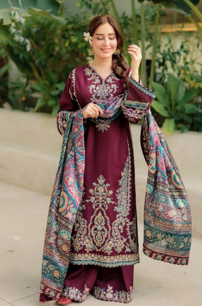 Sapphire - 3PC Silk Embroidered Shirt With Pashmina Printed Dupatta and Trouser - BFB01170