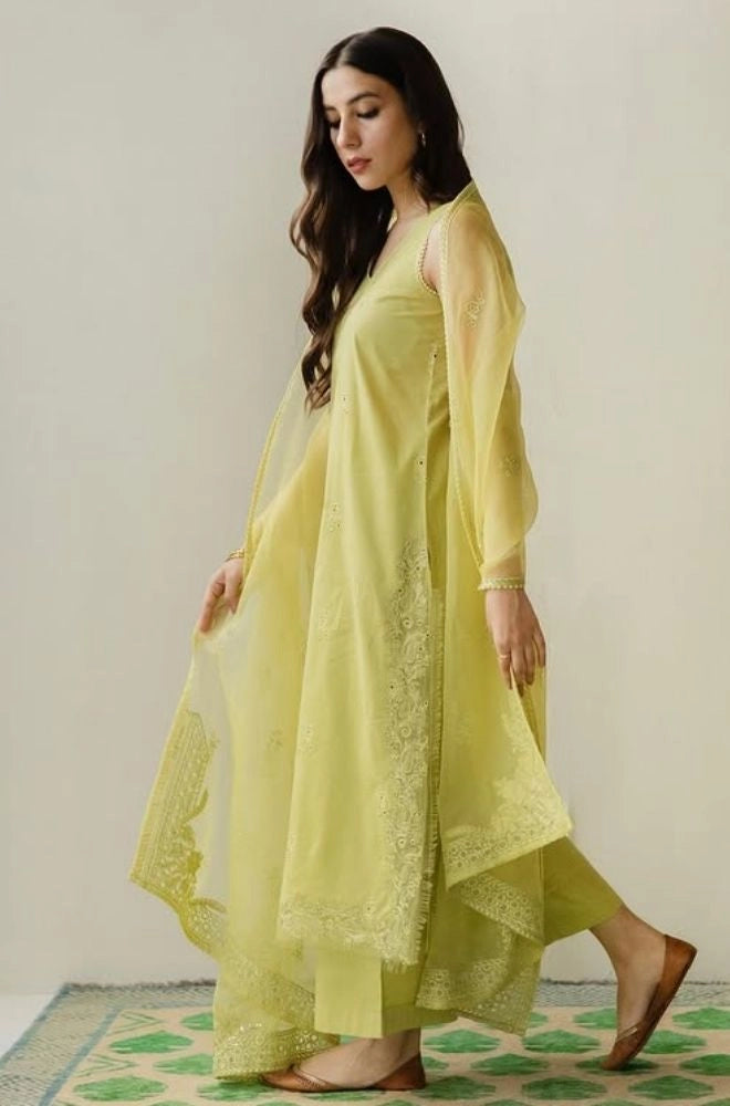 DYOT - 3PC Summer Lawn Embroidered Shirt with Organza Embroidered Dupatta and Trouser - BFB0802