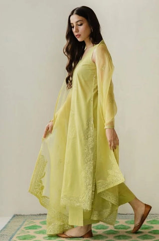DYOT - 3PC Summer Lawn Embroidered Shirt with Organza Embroidered Dupatta and Trouser - BFB0802
