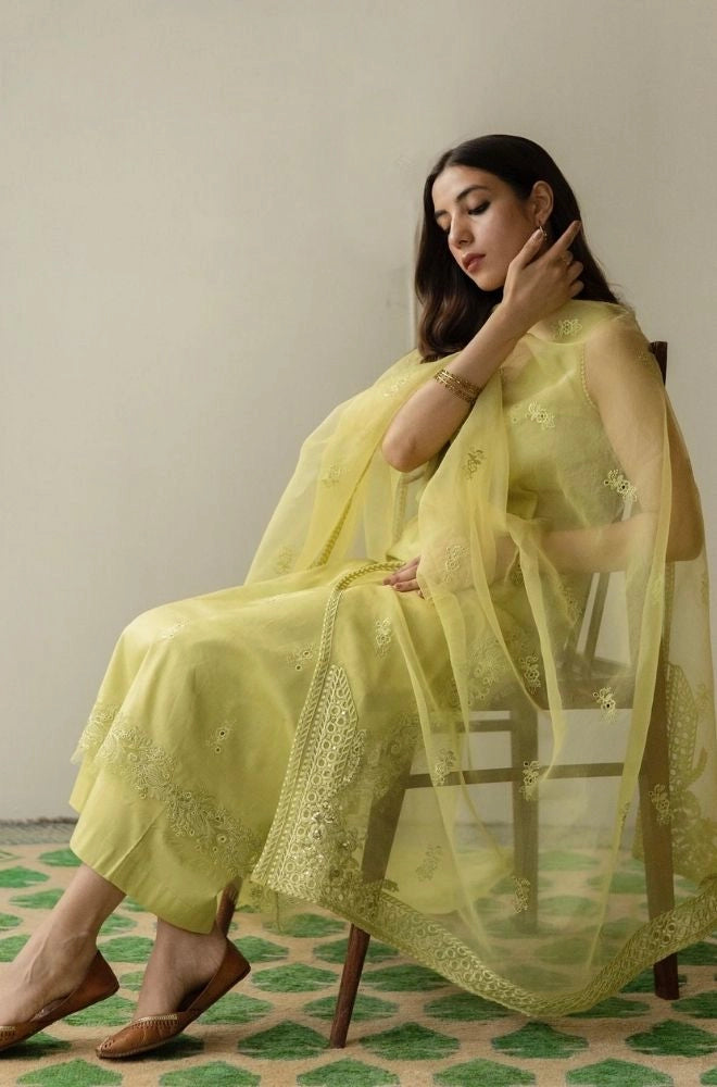 DYOT - 3PC Summer Lawn Embroidered Shirt with Organza Embroidered Dupatta and Trouser - BFB0802