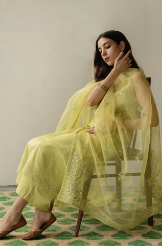 DYOT - 3PC Summer Lawn Embroidered Shirt with Organza Embroidered Dupatta and Trouser - BFB0802