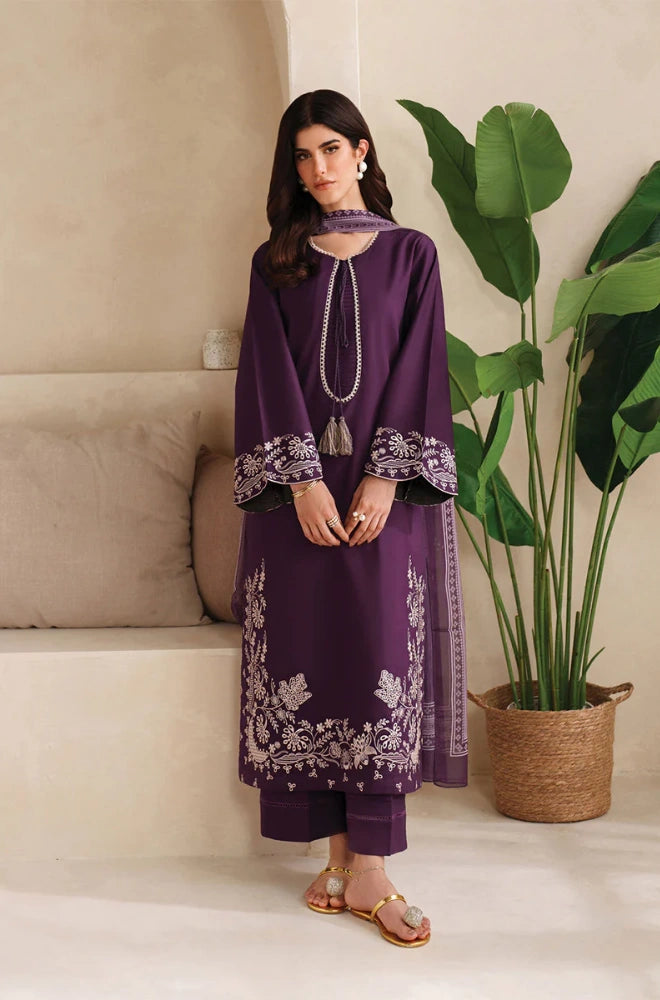 Garnet - 3PC Dhanak Embroidered Shirt With Twill Printed Dupatta and Trouser - BFB0898