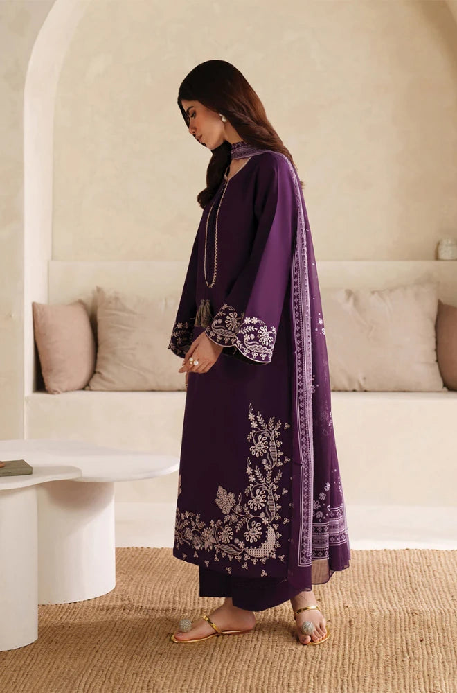 Garnet - 3PC Dhanak Embroidered Shirt With Twill Printed Dupatta and Trouser - BFB0898