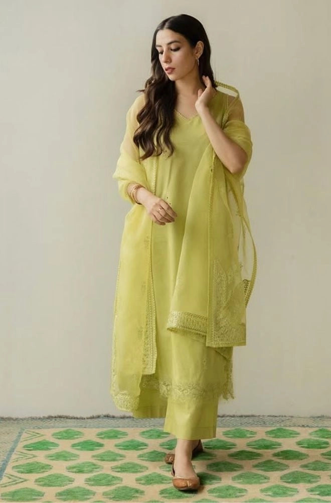 DYOT - 3PC Summer Lawn Embroidered Shirt with Organza Embroidered Dupatta and Trouser - BFB0802