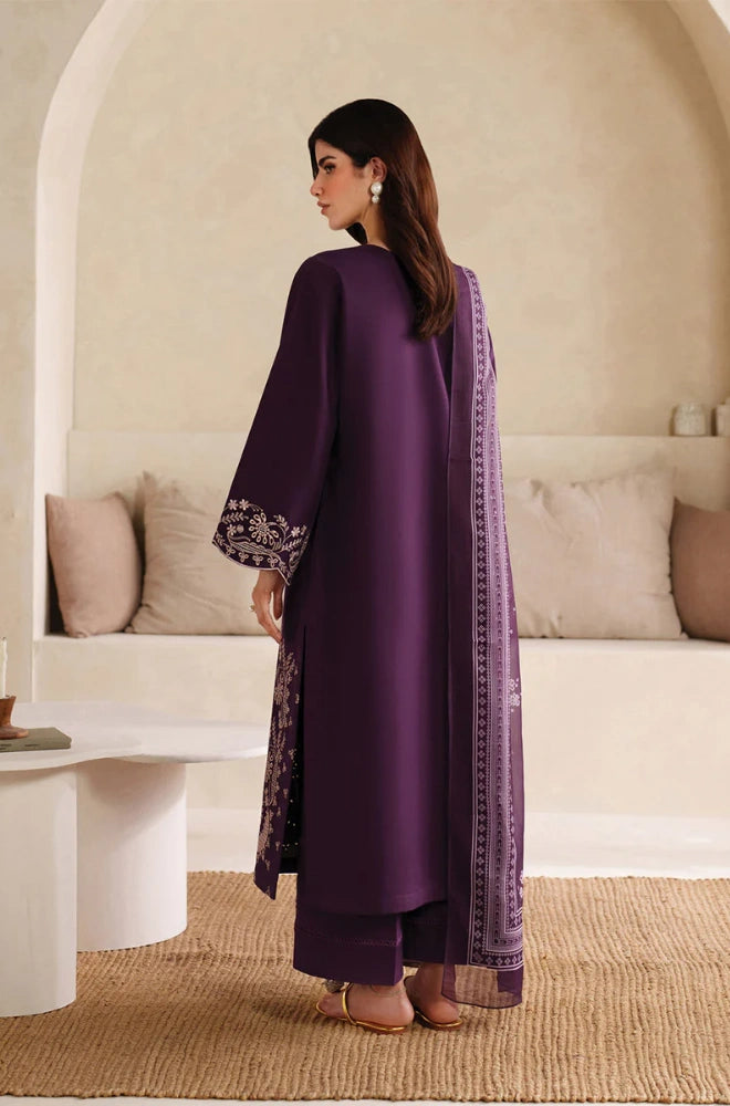 Garnet - 3PC Dhanak Embroidered Shirt With Twill Printed Dupatta and Trouser - BFB0898