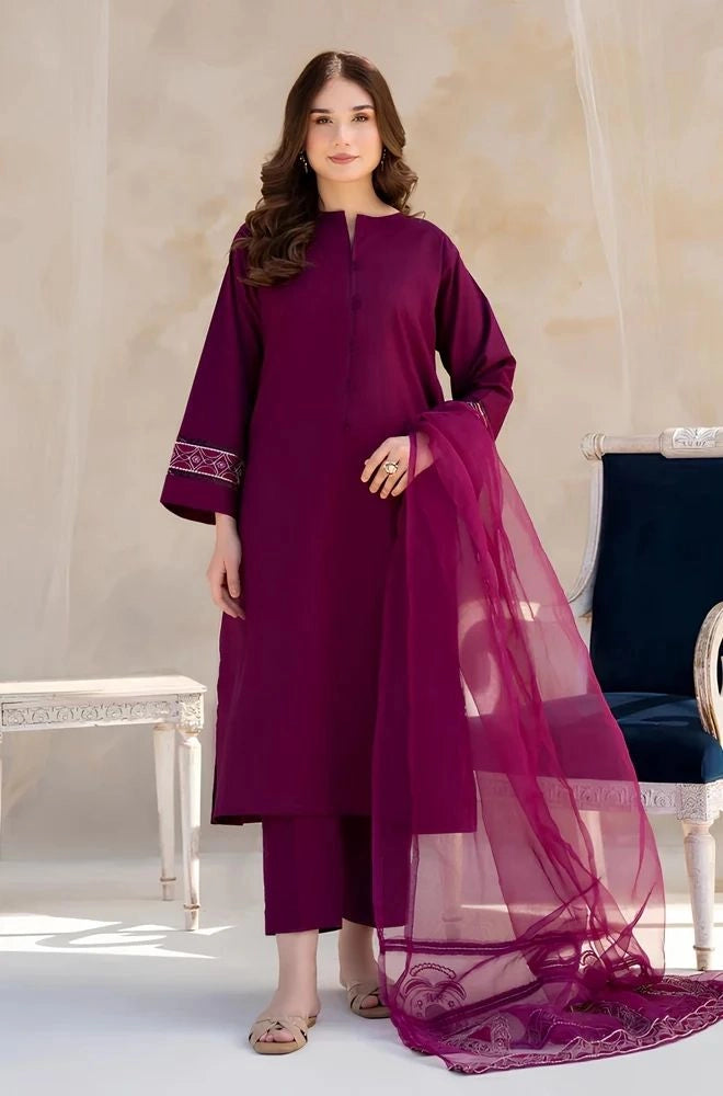 DYOT - 3PC Summer Lawn Embroidered Shirt with Organza Embroidered Dupatta and Trouser - BFB0803