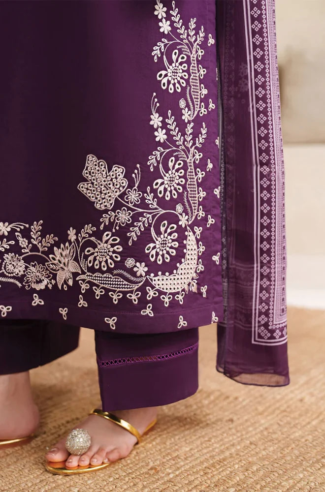 Garnet - 3PC Dhanak Embroidered Shirt With Twill Printed Dupatta and Trouser - BFB0898