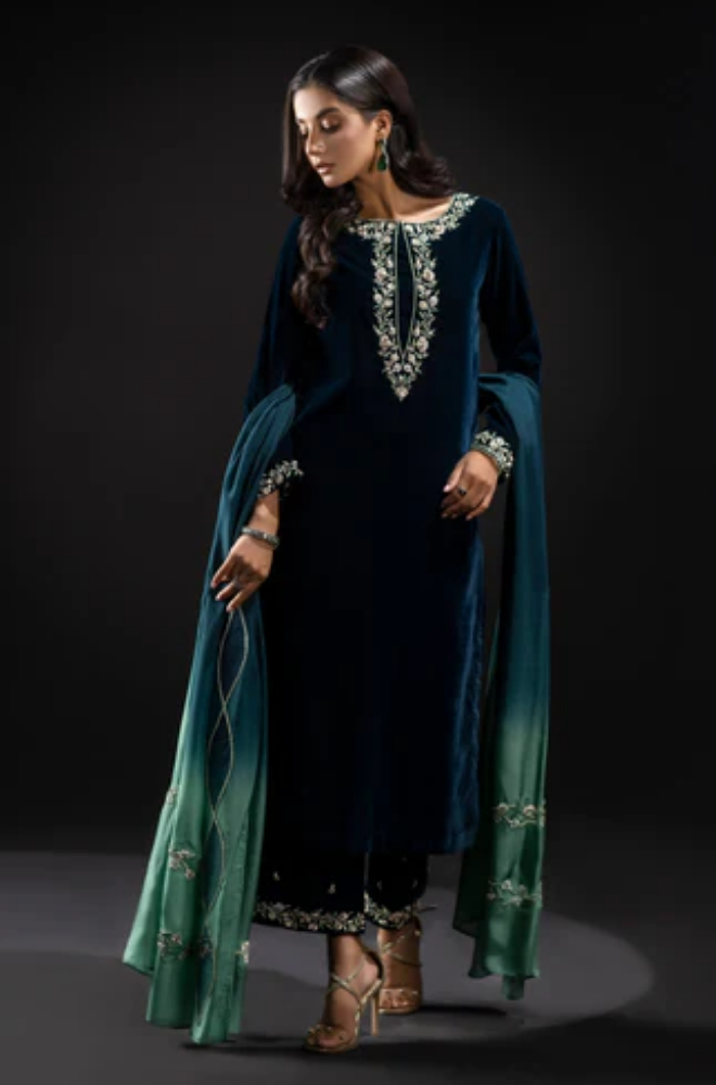 Baroque - 3PC Velvet Embroidered Shirt With Silk Printed Dupatta and Trouser - BFB0523
