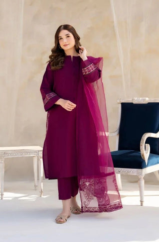 DYOT - 3PC Summer Lawn Embroidered Shirt with Organza Embroidered Dupatta and Trouser - BFB0803