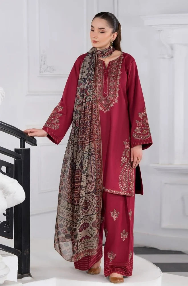 Sapphire - 3PC Dhanak Embroidered Shirt With Wool Printed Dupatta and Trouser - BFB01090