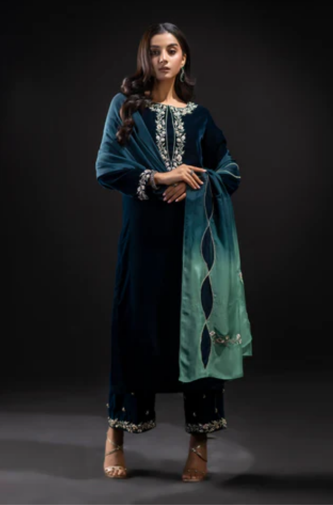 Baroque - 3PC Velvet Embroidered Shirt With Silk Printed Dupatta and Trouser - BFB0523