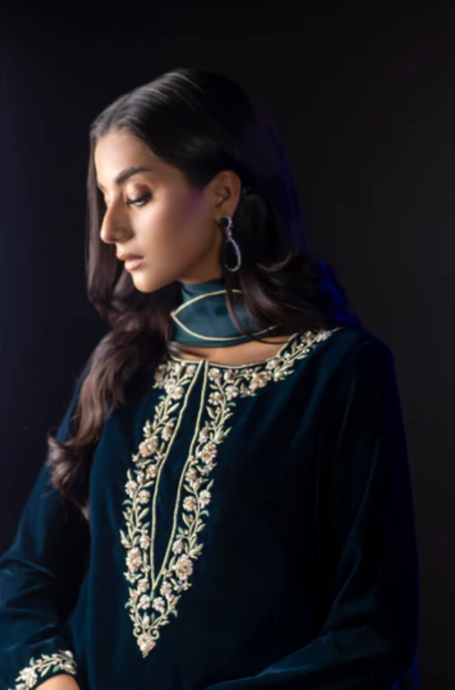 Baroque - 3PC Velvet Embroidered Shirt With Silk Printed Dupatta and Trouser - BFB0523
