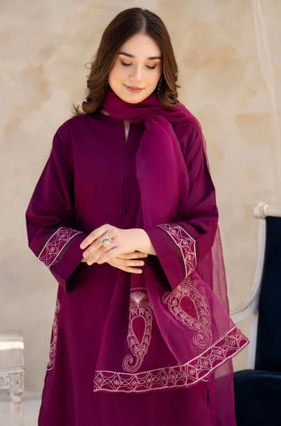 DYOT - 3PC Summer Lawn Embroidered Shirt with Organza Embroidered Dupatta and Trouser - BFB0803