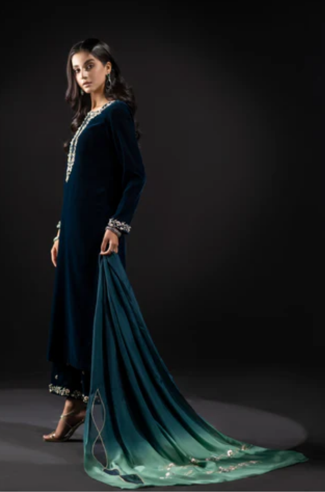 Baroque - 3PC Velvet Embroidered Shirt With Silk Printed Dupatta and Trouser - BFB0523