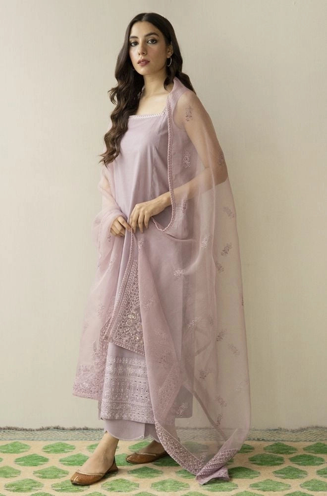 DYOT - 3PC Summer Lawn Embroidered Shirt with Organza Embroidered Dupatta and Trouser - BFB0804