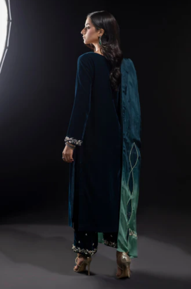 Baroque - 3PC Velvet Embroidered Shirt With Silk Printed Dupatta and Trouser - BFB0523