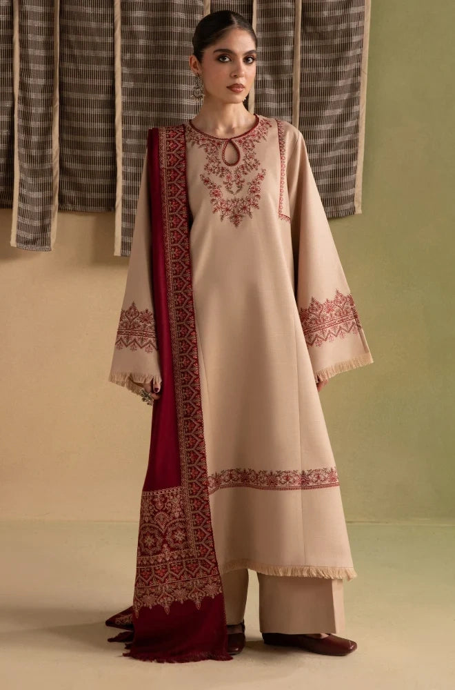Ziva - 3PC Dhanak Embroidered Shirt With Pashmina Printed Dupatta and Trouser - BFB01171