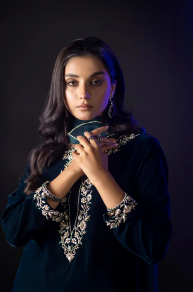 Baroque - 3PC Velvet Embroidered Shirt With Silk Printed Dupatta and Trouser - BFB0523