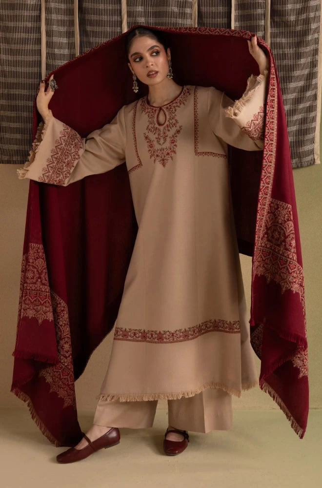 Ziva - 3PC Dhanak Embroidered Shirt With Pashmina Printed Dupatta and Trouser - BFB01171