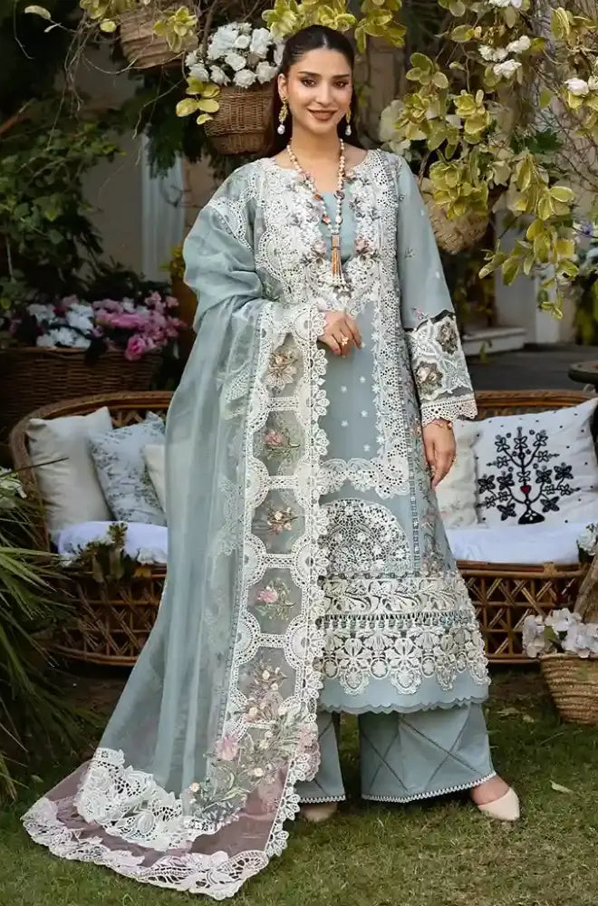 Elaf - 3PC Dhanak Chikankari Embroidered Shirt With Chiffon Embroidered Dupatta and Trouser - BFB01042
