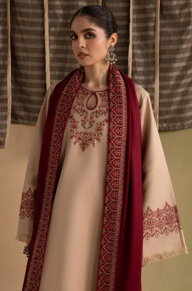 Ziva - 3PC Dhanak Embroidered Shirt With Pashmina Printed Dupatta and Trouser - BFB01171