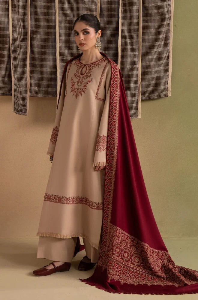 Ziva - 3PC Dhanak Embroidered Shirt With Pashmina Printed Dupatta and Trouser - BFB01171
