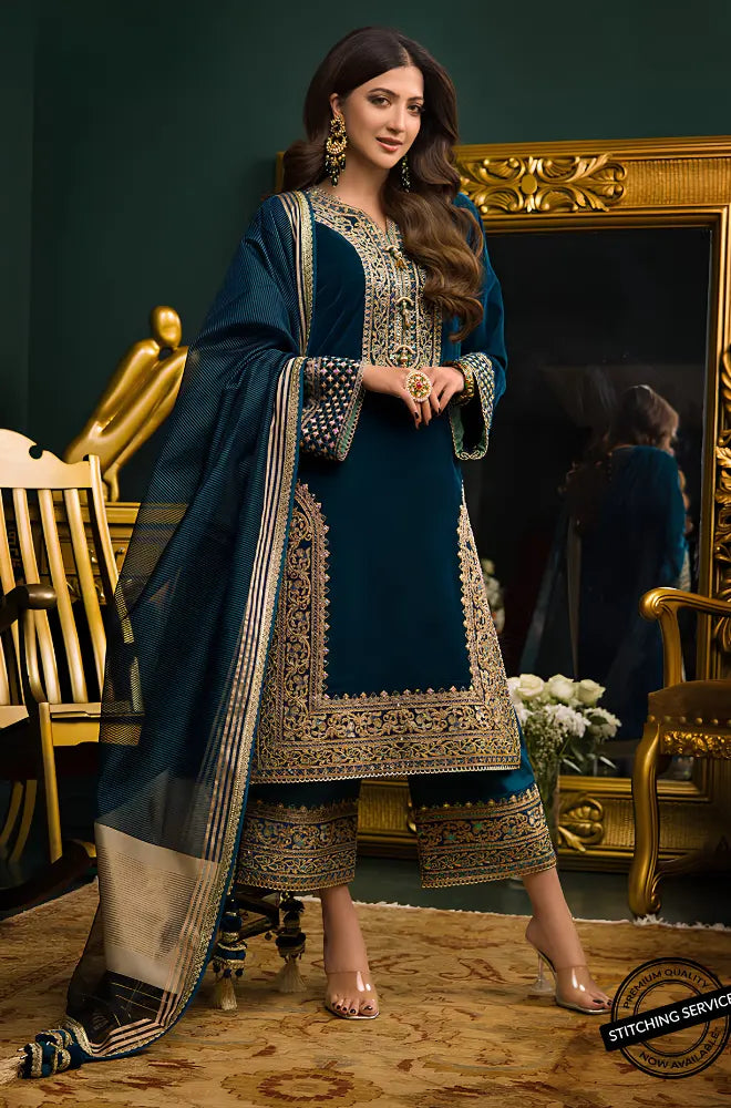 Asim Jofa - 3PC Velvet Embroidered Shirt With Broshia Net Dupatta and Trouser - BFB0927