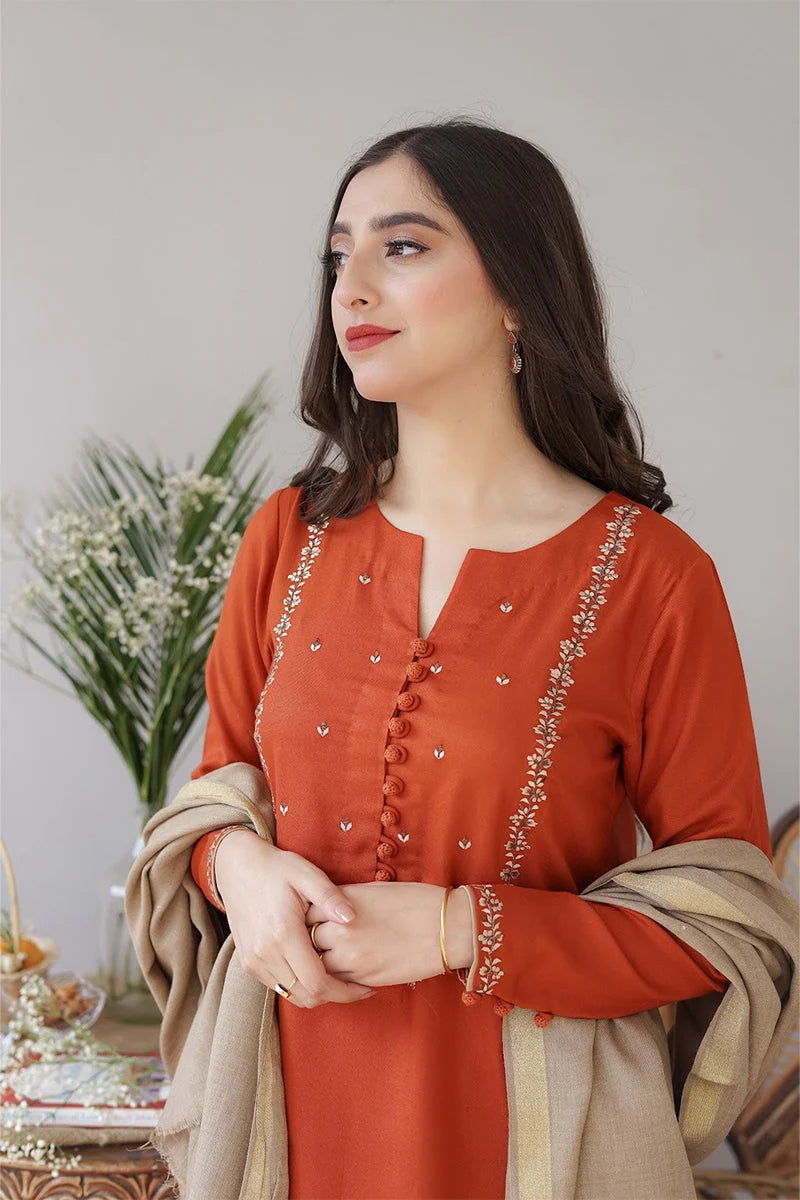 Aisling - 3PC Dhanak Embroidered Shirt with Wool Plain Dupatta and Trouser - BFB0873