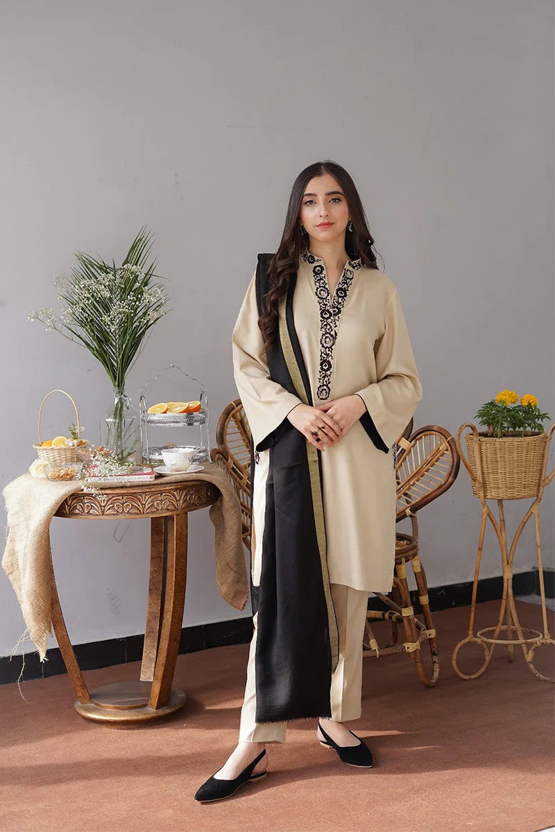 AISLING - 3PC Dhanak  Embroidered Shirt with Plain Wool Dupatta and Trouser - BFB0870